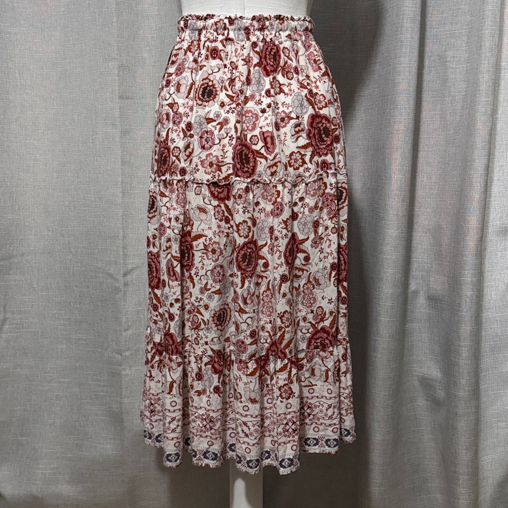 Merokeety Skirt-Rayon-Boho Chic-Floral-Sz S-Reds/White-EUC-Like New - Picture 2 of 14